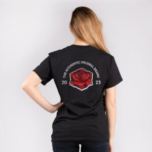 Gül Desen Sırt Baskılı %100 Pamuk Kaliteli siyah Kadın T-Shirt