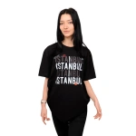 İstanbul Ön Baskılı %100 Pamuk Kaliteli Siyah Kadın T-Shirt