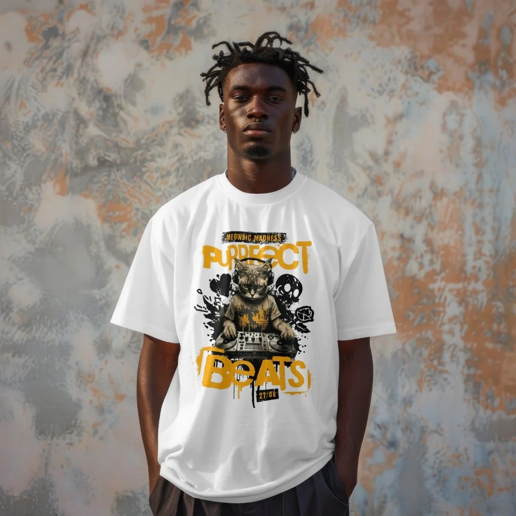desenli-unisex Beyaz Oversize Dj Kedi Baskılı %100 Pamuklu T-Shirt - Görsel 1