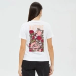 Güllü Kuru Kafa Sırt Baskılı %100 Pamuk Kaliteli Beyaz Kadın T-Shirt