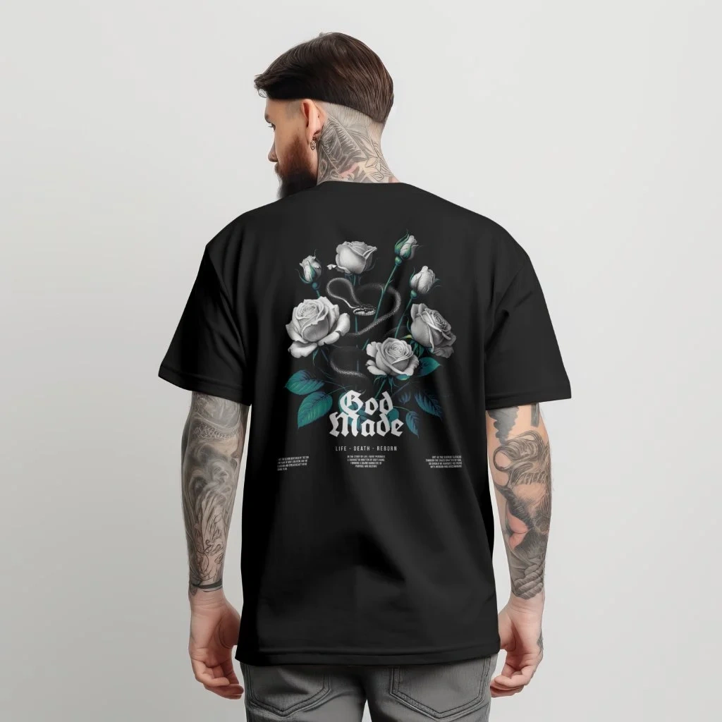 God-Made-Mockup-1 Siyah Oversize Gül ve Yılan Baskılı %100 Pamuk - Görsel 1