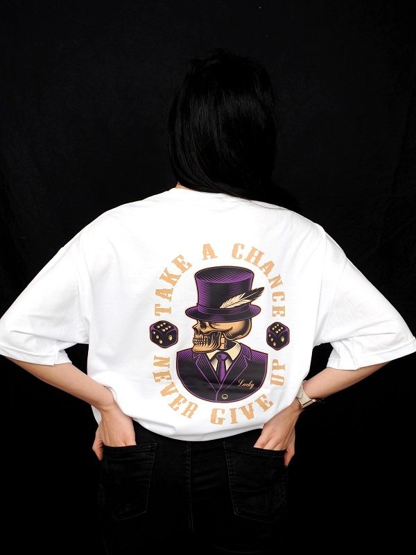 Şansını Dene Baskılı Unisex Beyaz Oversize %100 Pamuk T-Shirt