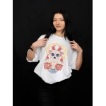 İskelet Kadın Baskılı Beyaz Oversize %100 Pamuk T-Shirt