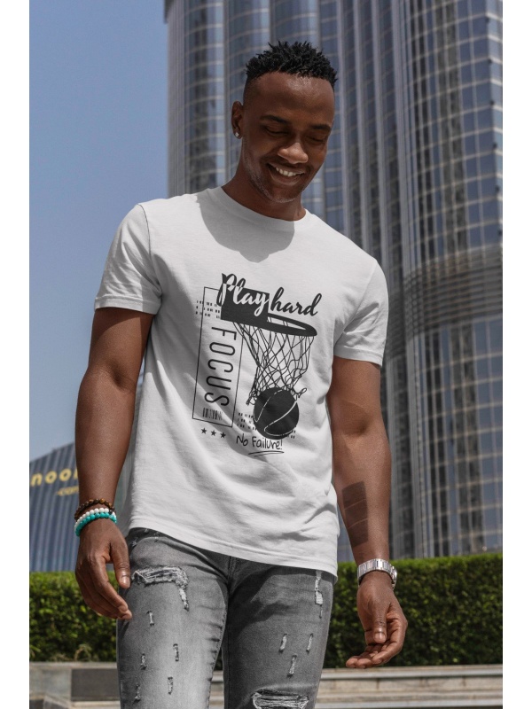 Basketbol Baskılı Desenli %100 Pamuk Beyaz Erkek T-shirt