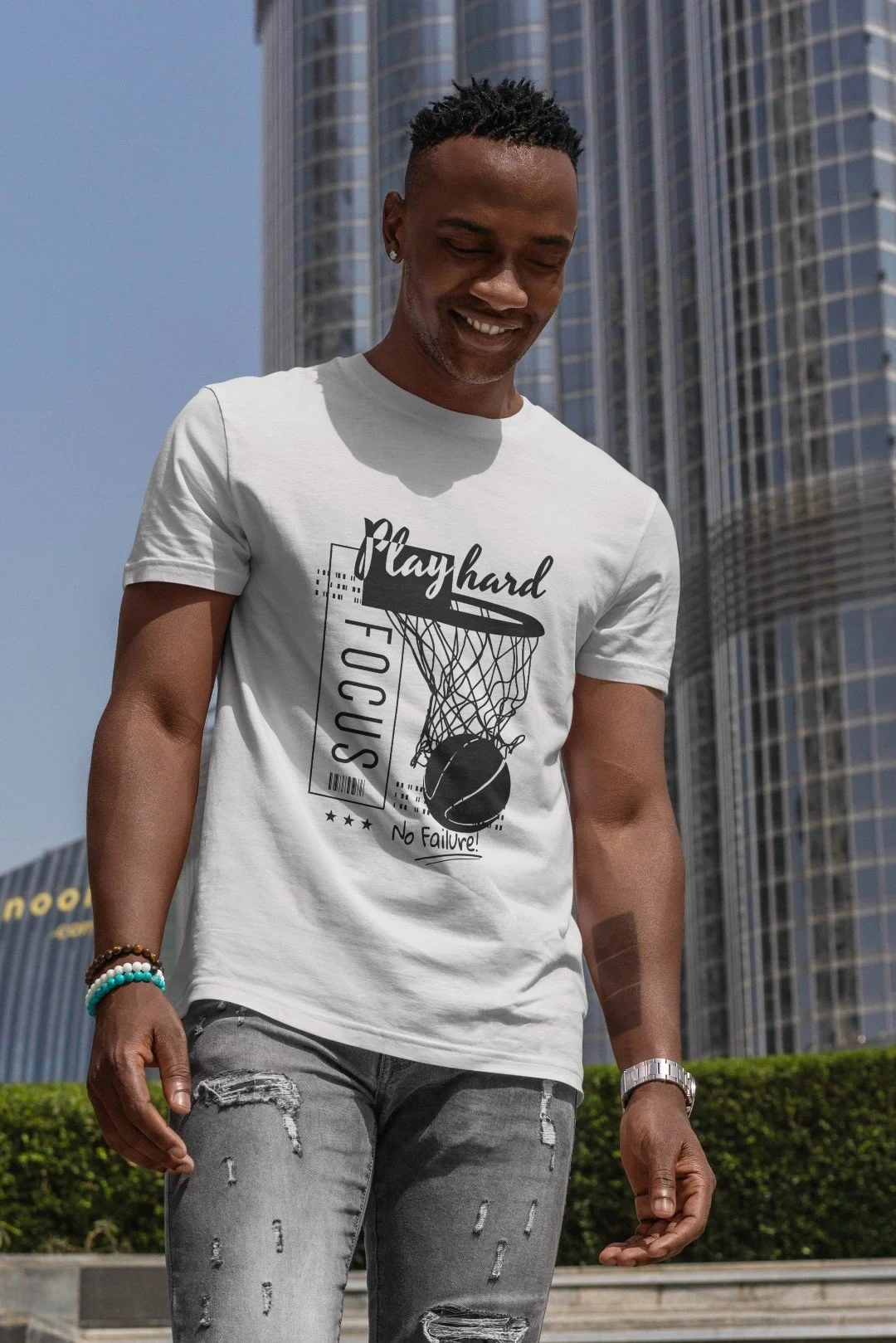 beyazzbasket-Buyuk Basketbol Baskılı Desenli %100 Pamuk Beyaz Erkek T-shirt - Görsel 1