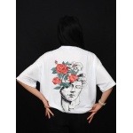 Gül ve Heykel Baskılı Unisex Beyaz Oversize %100 Pamuk T-Shirt