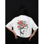 Gül ve Heykel Baskılı Unisex Beyaz Oversize %100 Pamuk T-Shirt