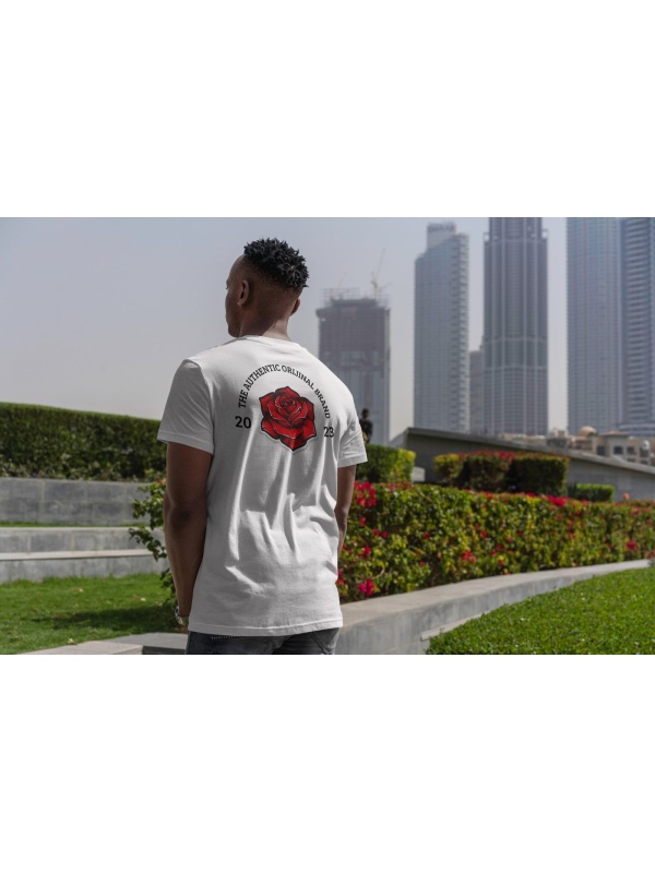 Gül Sırt Baskılı Desenli %100 Pamuk Beyaz Erkek T-Shirt