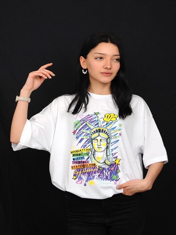 Özgürlük Anıtı Baskılı Beyaz Oversize %100 Pamuk T-Shirt