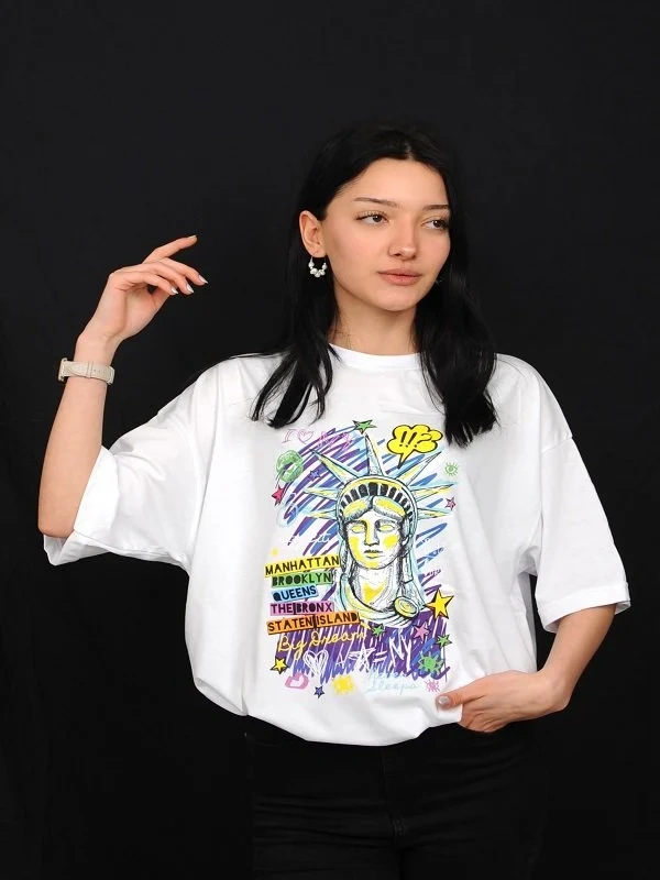 Özgürlük Anıtı Baskılı Beyaz Oversize %100 Pamuk T-Shirt