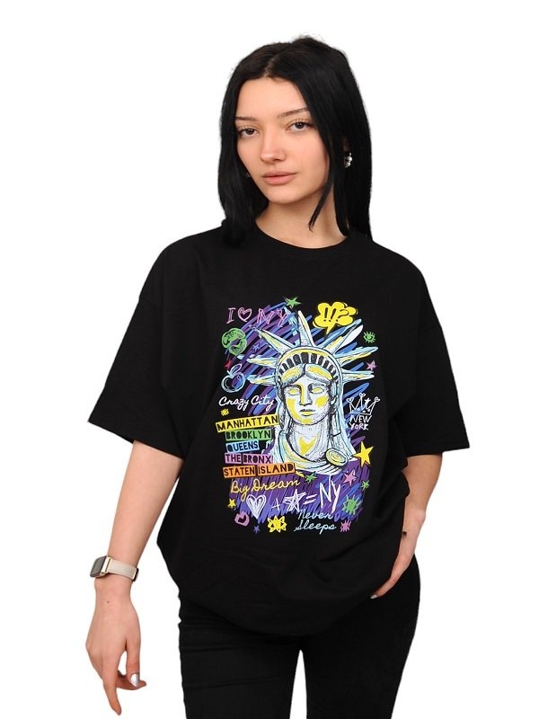 Özgürlük Anıtı Baskılı Siyah Oversize %100 Pamuk T-Shirt