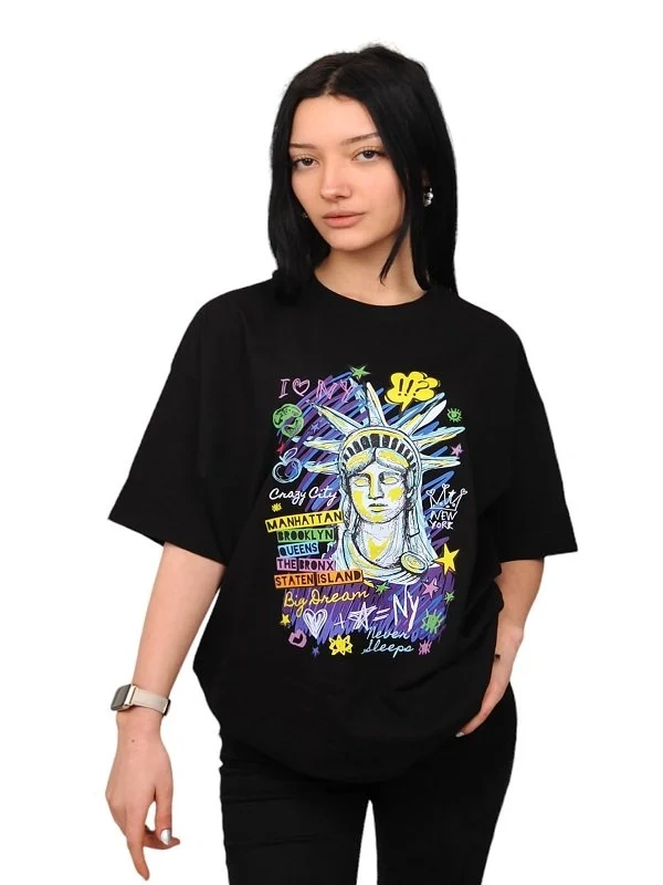 ozgurluk-heykeli Özgürlük Anıtı Baskılı Siyah Oversize %100 Pamuk T-Shirt - Görsel 1