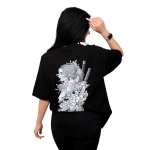 Kadın Samuray Baskılı Siyah Oversize %100 Pamuk T-Shirt
