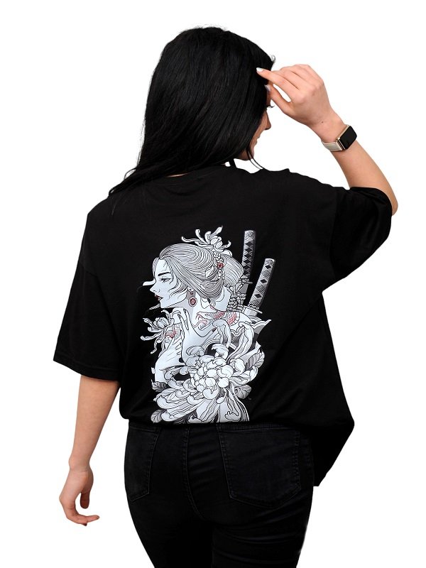 samurai-siyah Kadın Samuray Baskılı Siyah Oversize %100 Pamuk T-Shirt - Görsel 1
