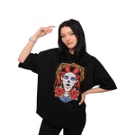 İskelet Kadın Baskılı Siyah Oversize %100 Pamuk T-Shirt