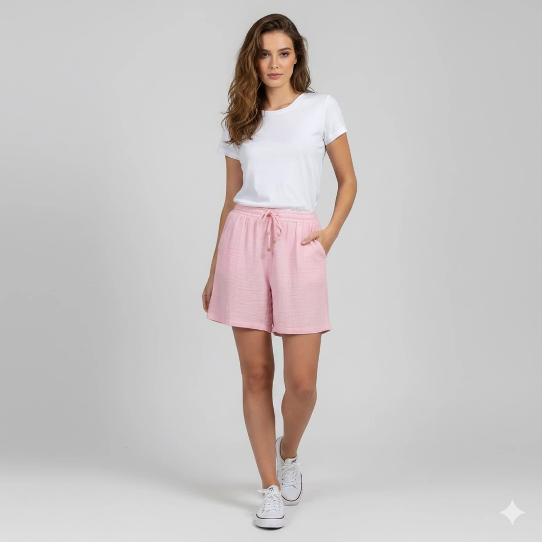 thumbnail_IMG_6343 Kadın Pembe Beli Lastikli Ve Cepli Müslin Şort - Görsel 1