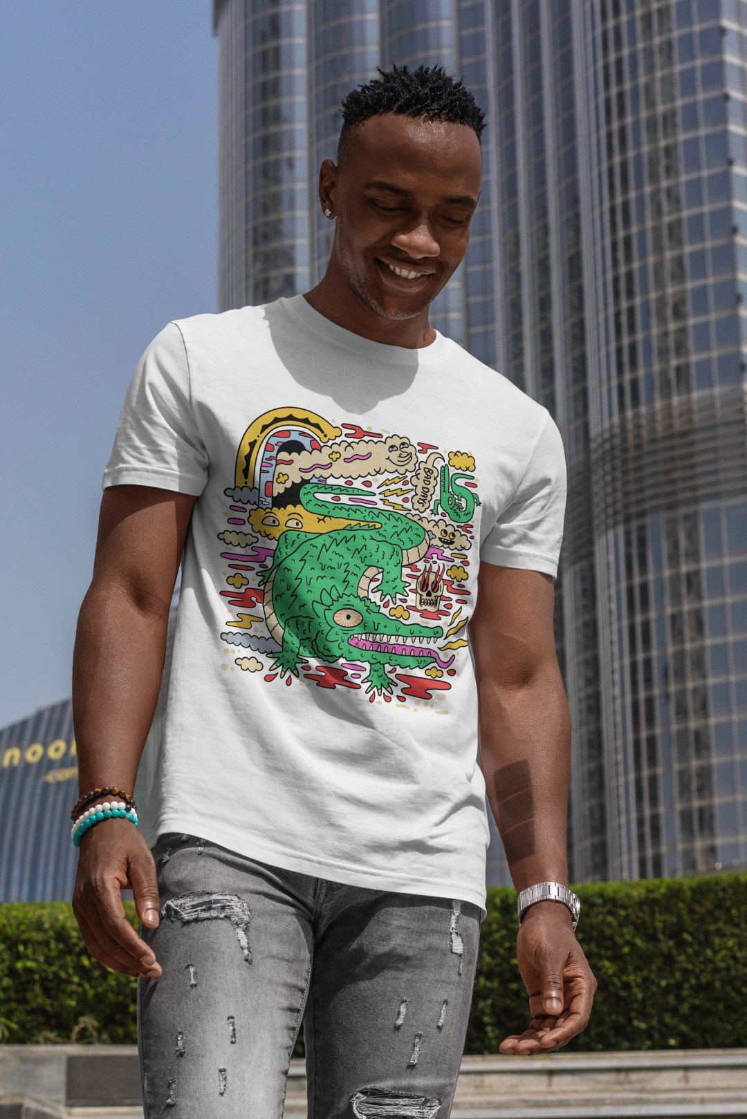 timsah1-Buyuk Timsah Baskılı Desenli %100 Pamuk Erkek T-Shirt - Görsel 1