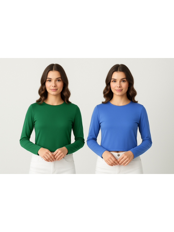 2 Adet Mavi-Yeşil Cotton Esnek Uzun Kollu Bluz