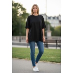 Unisex Oversize Geniş Kesim Yumuşak Dokulu Basic Bisiklet Yaka Beyaz-Siyah T-Shirt %100 PAMUK - Görsel 4