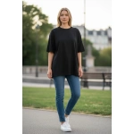 Unisex Oversize Geniş Kesim Yumuşak Dokulu Basic Bisiklet Yaka Beyaz-Siyah T-Shirt %100 PAMUK - Görsel 4