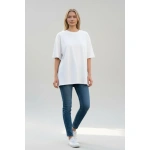 Unisex Oversize Geniş Kesim Yumuşak Dokulu Basic Bisiklet Yaka Beyaz-Siyah T-Shirt %100 PAMUK - Görsel 3
