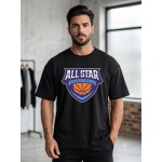Erkek Siyah Oversize All Star Basketball Baskılı Bisiklet Yaka Tişört