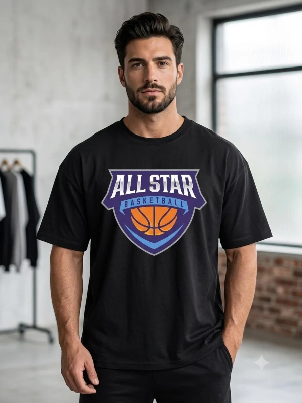Erkek Siyah Oversize All Star Basketball Baskılı Bisiklet Yaka Tişört