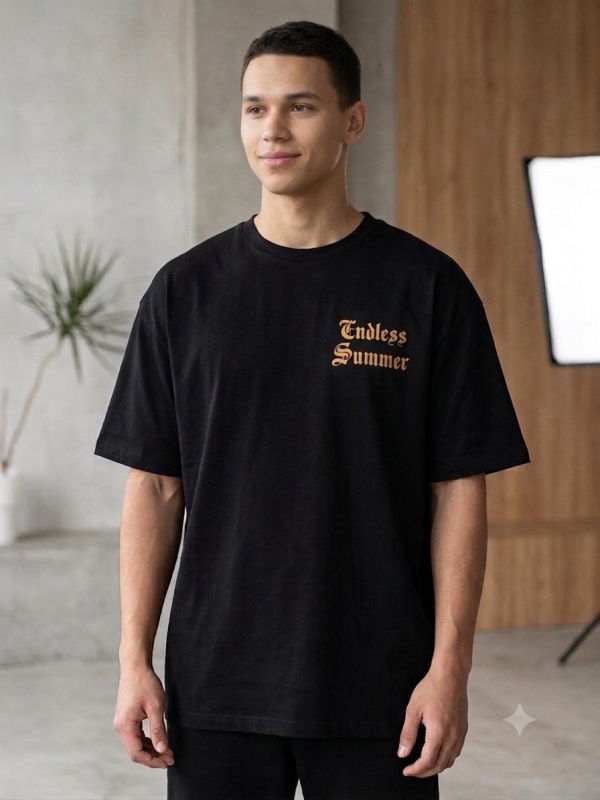 Erkek Siyah Sırtı Kurukafa Baskılı Endless Summer Oversize Tişört - Görsel 2