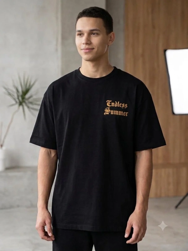 Erkek Siyah Sırtı Kurukafa Baskılı Endless Summer Oversize Tişört - Görsel 2